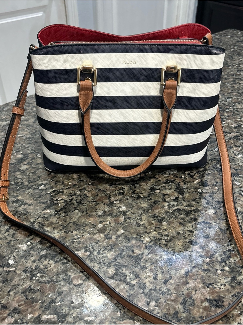 Aldo Navy & White Striped Satchel with Tan Handles